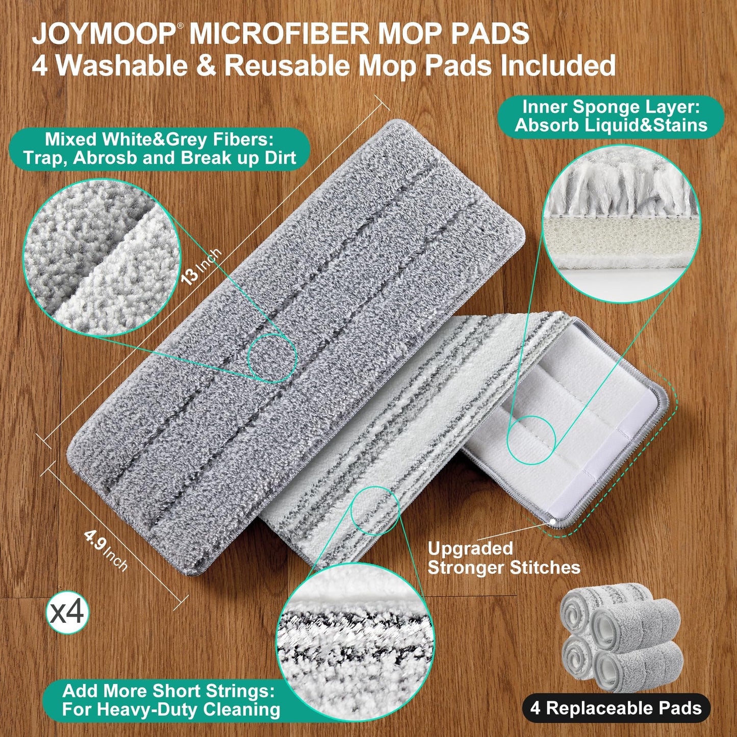 JOYMOOP Wischmopp und Eimer mit Auswringsystem, Freihand-Flachmopp und Eimer, mit 3 waschbaren Mikrofaserpads, Nass- und Trockengebrauch, Bodenreinigungssystem