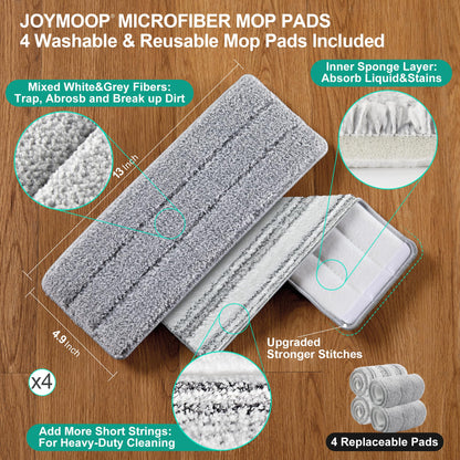 JOYMOOP Wischmopp und Eimer mit Auswringsystem, Freihand-Flachmopp und Eimer, mit 3 waschbaren Mikrofaserpads, Nass- und Trockengebrauch, Bodenreinigungssystem