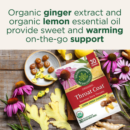 Traditional Medicinals Organic, Throat Coat Lozenges, Lemon Ginger Echinacea - Herbal Cough Drops, Helps Soothe Sore Throat - Non-GMO, Stimulant-Free - 16 Count (Pack of 12)
