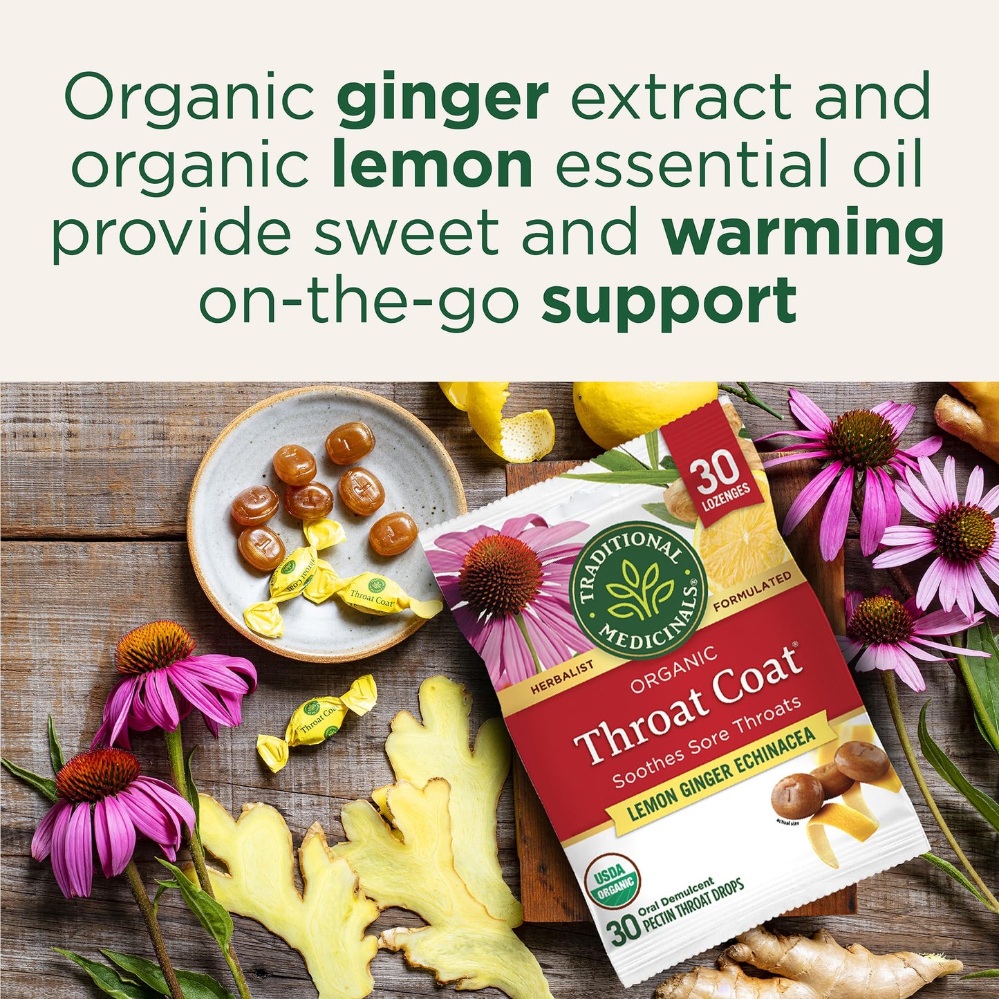 Traditional Medicinals Organic, Throat Coat Lozenges, Lemon Ginger Echinacea - Herbal Cough Drops, Helps Soothe Sore Throat - Non-GMO, Stimulant-Free - 16 Count (Pack of 12)
