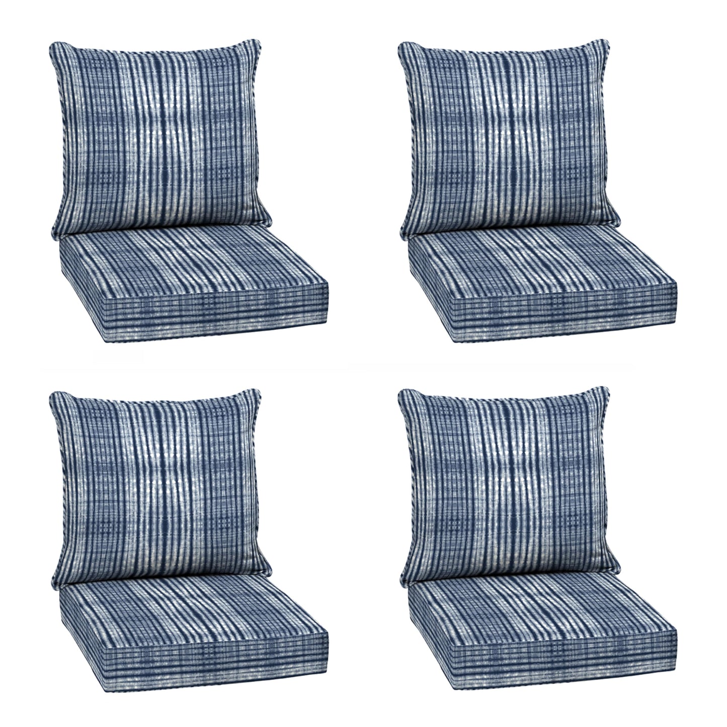 Arden Outdoor Foam Deep Seat Cushions Set, 24x24, Premium High-Density Foam, Never Flattens, Weather-Proof for Patio Chair Sofa Couch, Blue Shibori Stripe