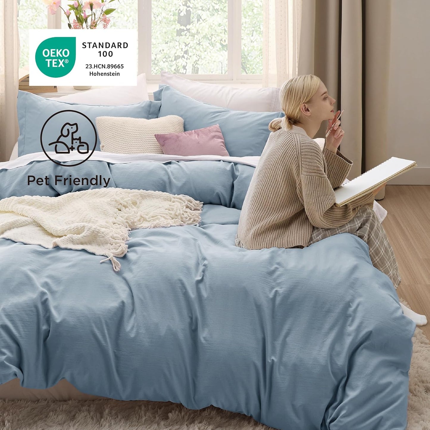 Funda nórdica blanca Bedsure, tamaño Queen, 3 piezas, aspecto de algodón prelavado, juego de cama extrasuave, incluye 1 funda nórdica de 228 x 228 cm con cierre de cremallera y 2 fundas de almohada, edredón no incluido