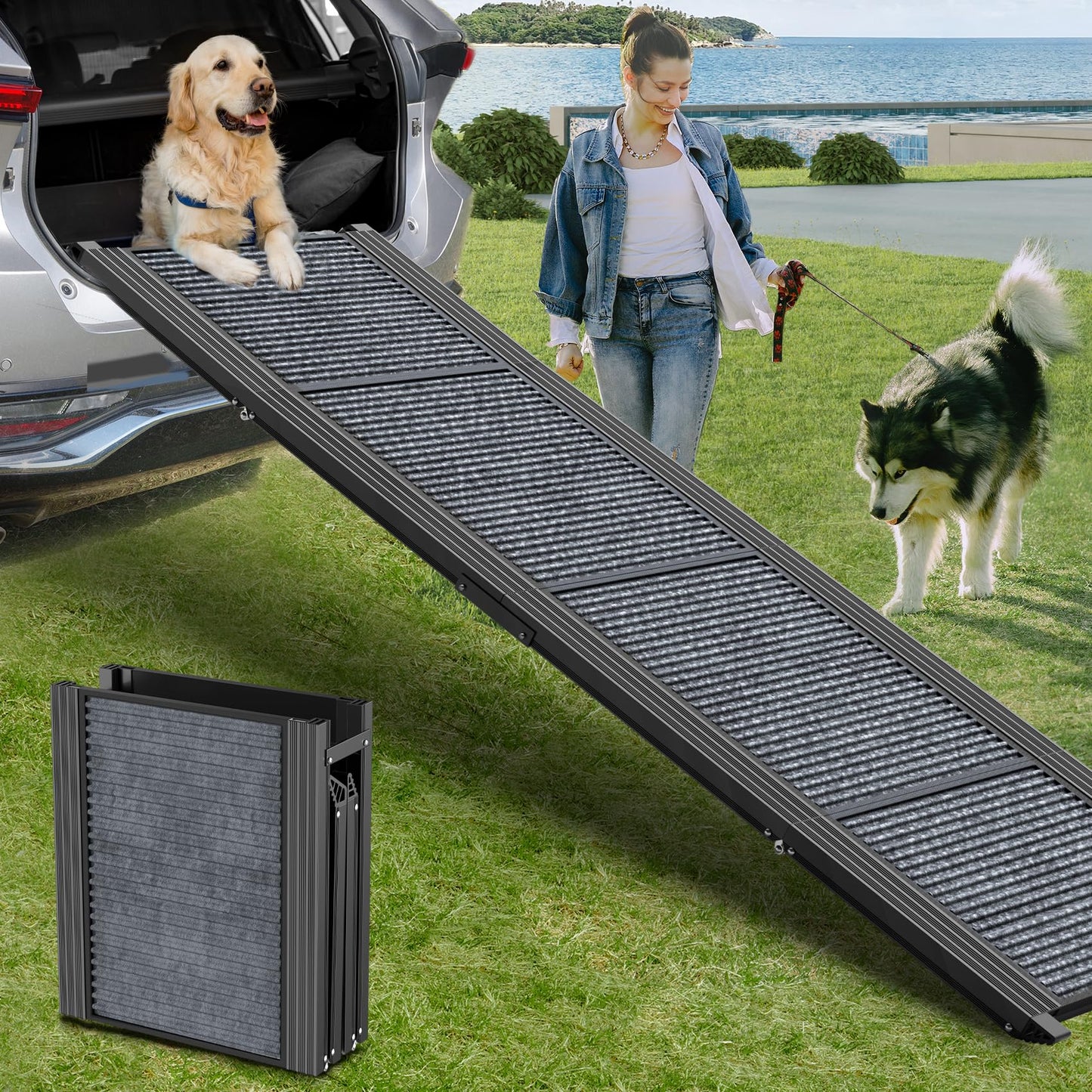 Dog Ramp for Car 63" Long & 17" Wide Portable Dog Ramps for Large Dogs with Non-Slip Rug Surface Dog Car Ramp for SUV Car & Truck, Folding Dog Ramp Up to 250LBS