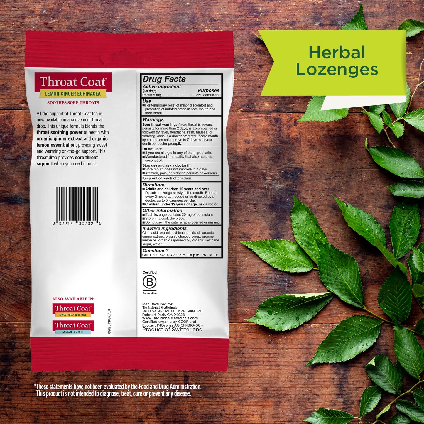 Traditional Medicinals Organic, Throat Coat Lozenges, Lemon Ginger Echinacea - Herbal Cough Drops, Helps Soothe Sore Throat - Non-GMO, Stimulant-Free - 16 Count (Pack of 12)