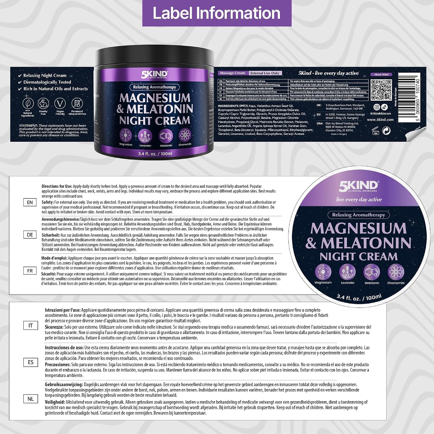 5Kind Melatonin & Magnesium Sleep Cream 3.4 fl oz - Magnesium Lotion for Sleep - Relaxing Lavender & Chamomile Magnesium Cream for Sleep - Infused with Lavender Essential Oils - Natural Sleep Aid