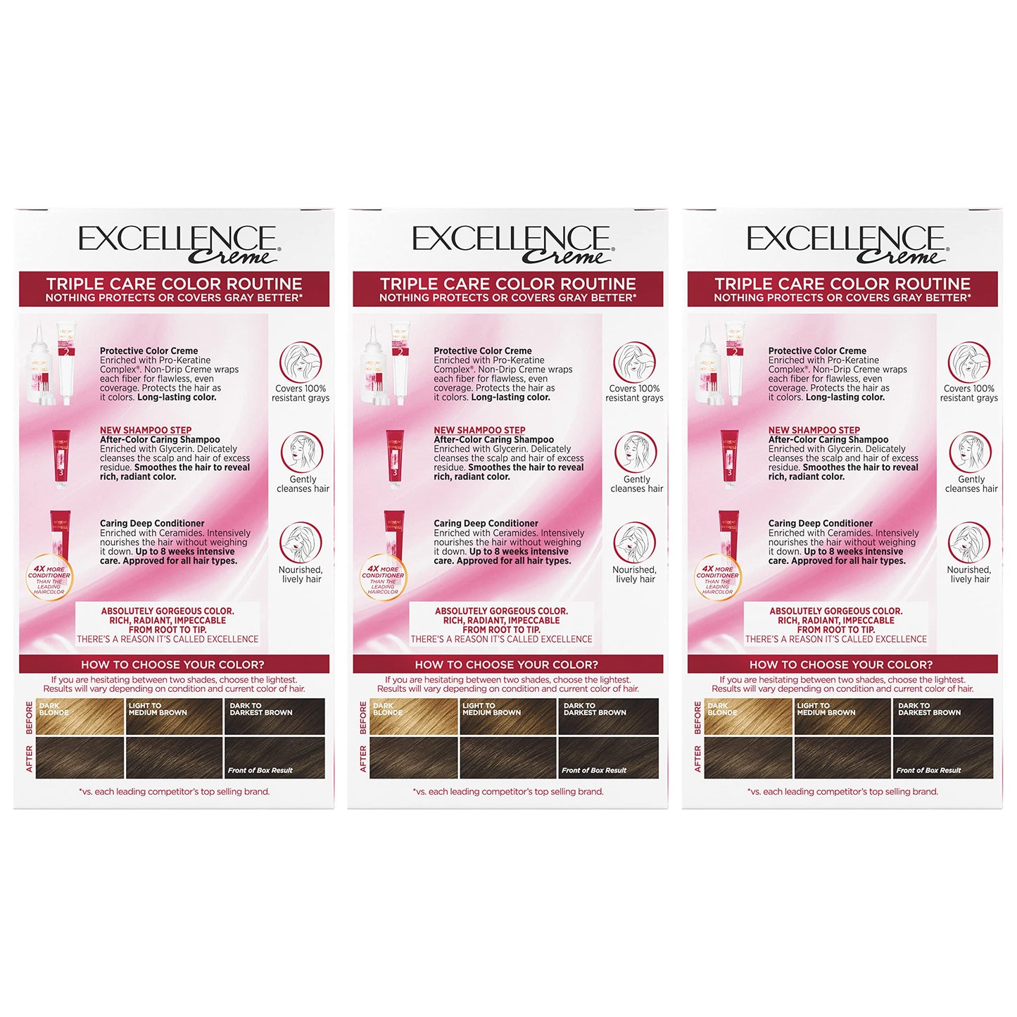 L'Oréal Paris Excellence Crème Permanente Haarfarbe, dreifache Pflegehaarfarbe mit Hyaluronsäure für 100% Grauabdeckung, 4AR Dunkles Schokobraun, 1 Packung (Verpackung kann variieren)