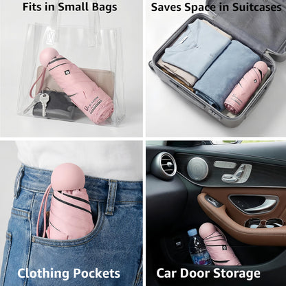 BAODINI Reiseutensilien Mini-Regenschirm für die Handtasche mit Etui Klein Kompakt UV-Sonnenschutz Leicht Winzig Tasche Manuelles Öffnen und Schließen Regenschirm für Damen, Kinder und Herren Passt in Handtasche Rucksack