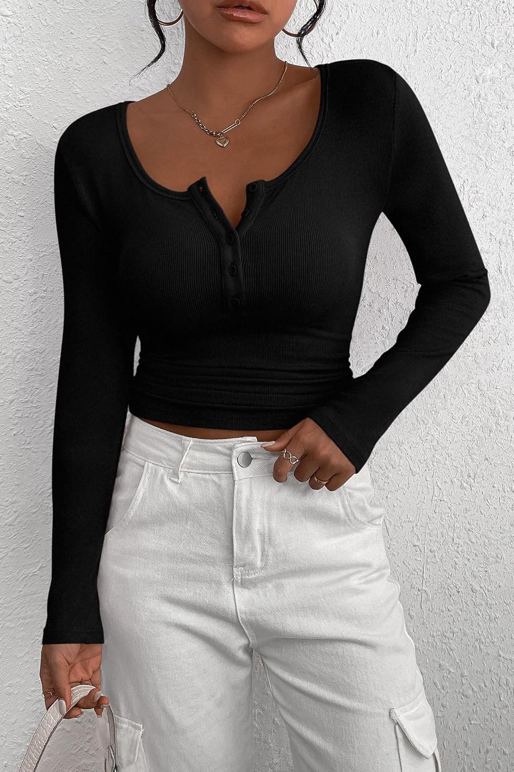 PRETTYGARDEN Damen 2026 Frühling Herbst Langarm Henley T-Shirts Geknöpfte Rippstrick Slim Fit Lässige Basic-Oberteile Bluse