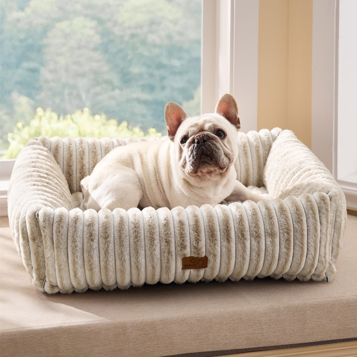 Bedsure ComfyFleece™ Cute Dog Bed for Small Medium Dogs - Washable Furry Puppy Beds, Rectangle Orthopedic Corduroy Fleece Pet Beds with Removable Zipper Cover, 25x21x7inches, Cream