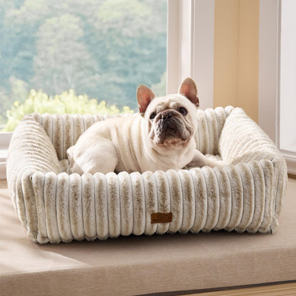 Bedsure ComfyFleece™ Cute Dog Bed for Small Medium Dogs - Washable Furry Puppy Beds, Rectangle Orthopedic Corduroy Fleece Pet Beds with Removable Zipper Cover, 25x21x7inches, Cream