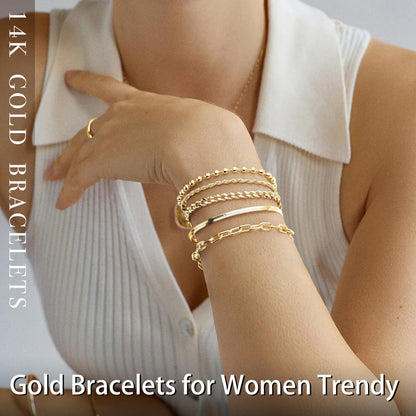 Goldarmbänder für Frauen Stapel Nicht Anlaufen, 14K Vergoldete Stapelbare Armbänder Set für Frauen Trendy, Wasserdicht Einfacher Schmuck Sets Geschenke Inklusive Perlen-/Kuban-/Büroklammer-/Fischgräten-/Seilglieder-Kette, Modeaccessoires