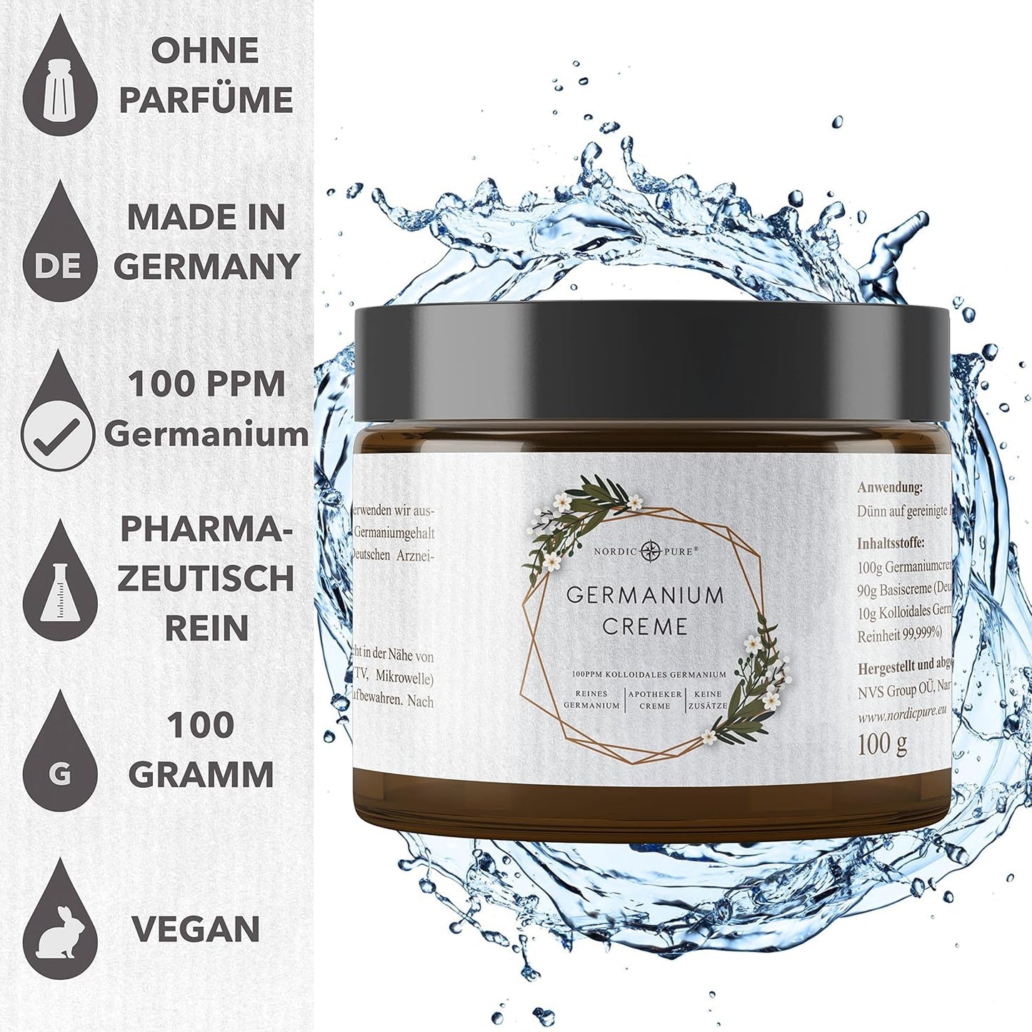 Colloidal Germanium Cream, 100 g, Natural Germanium Cream with 100 ppm Colloidal Germanium, Premium Quality from Germany