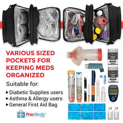 PracMedic Bags Travel Medicine Bag- First Aid Bags Empty or Epipen Carry Case for Insulin Pens, Pill Bottles, Diabetic Supply, Asthma Inhaler Spacer, Allergy Meds or First Aid Supplies (Red)
