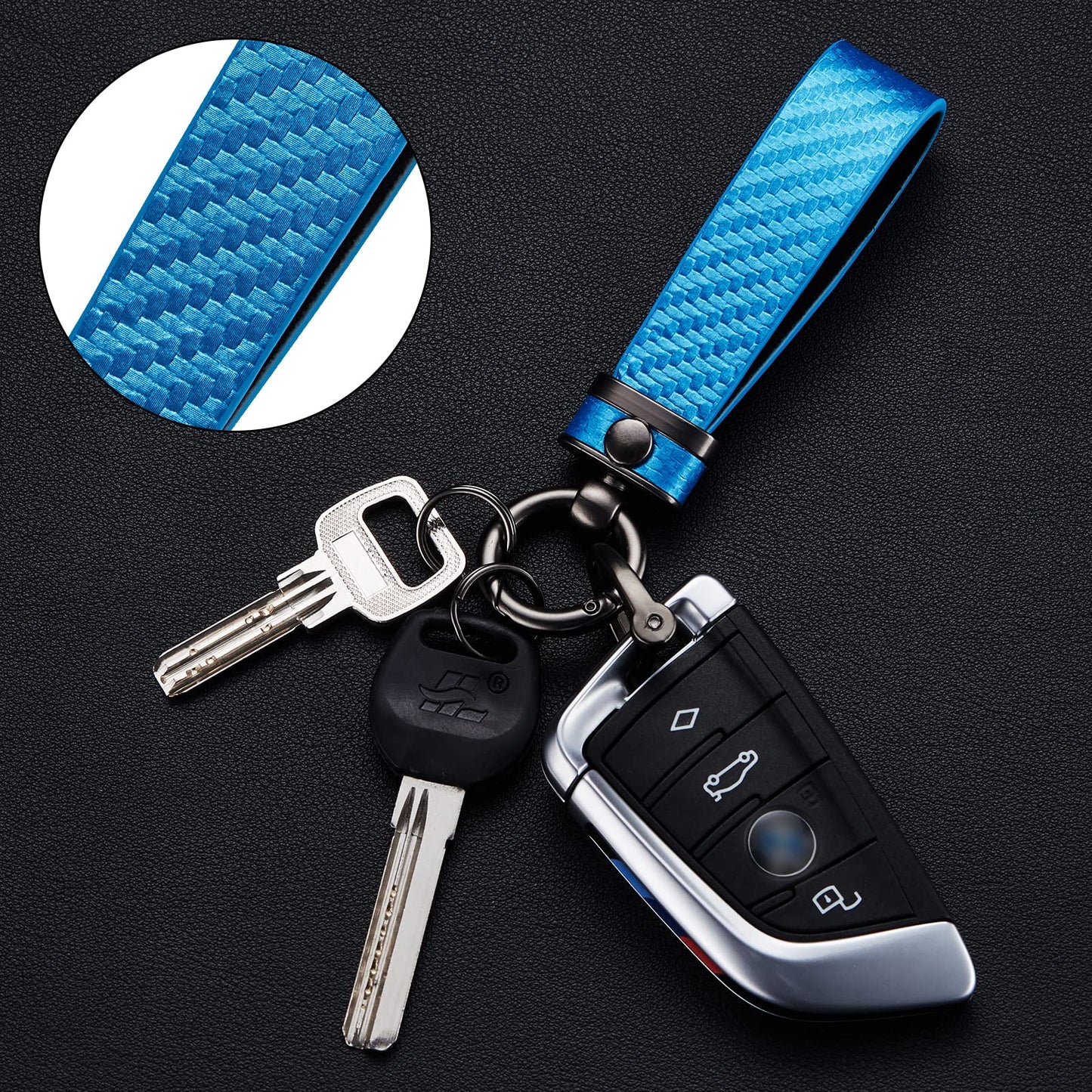 DEKEWEI Carbon Fiber Style Auto-Schlüsselanhänger aus Mikrofaser-Leder, universelle Schlüsselanhänger für Schlüssel-Fobs für Männer und Frauen, 360 Grad drehbar mit Anti-Verlust-D-Ring (Schwarz)