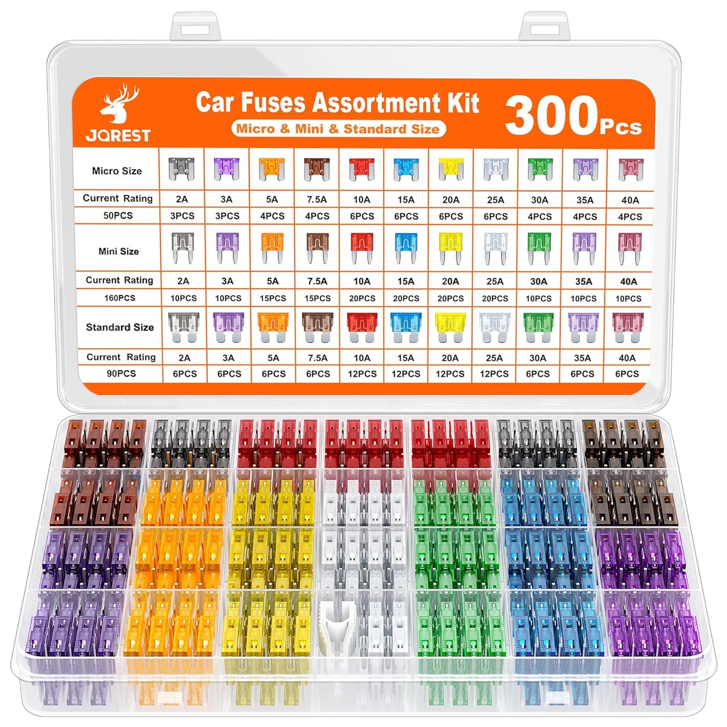 JOREST 300Pcs Car Fuses Assortment Kit,160 Mini Blade Fuses Automotive + 90 Standard Auto Fuses + 50 Micro Fuse + Fuse Puller – for Car/RV/Truck/Motorcycle(2Amp 3A 5A 7.5A 10A 15A 20A 25A 30A 35A 40A)