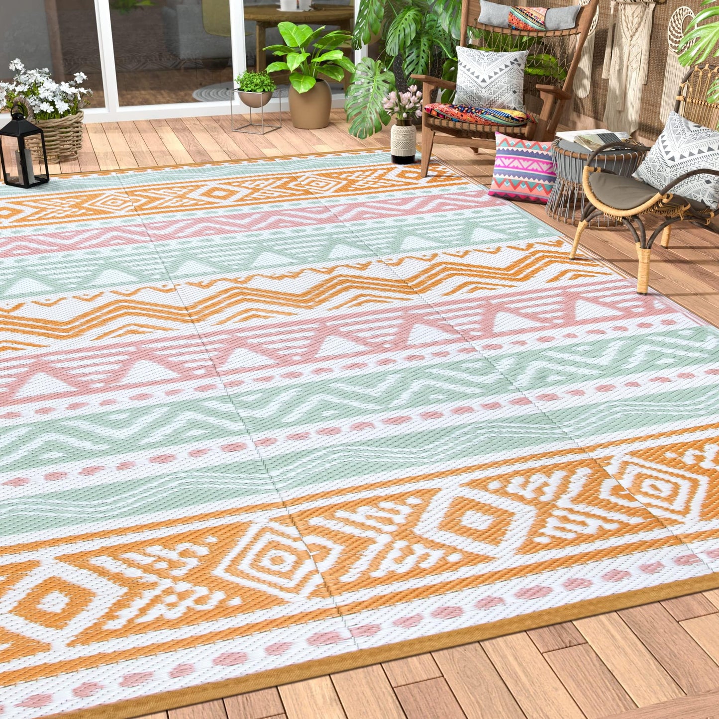 Lahome Outdoor Rugs 8x10 Waterproof, Reversible Outdoor Plastic Straw Rug for Camping Patio, RV Outdoor Rugs Outside, Outdoor Carpet for Porch Deck Backyard Picnic(Blue/Yellow,8'x 10')