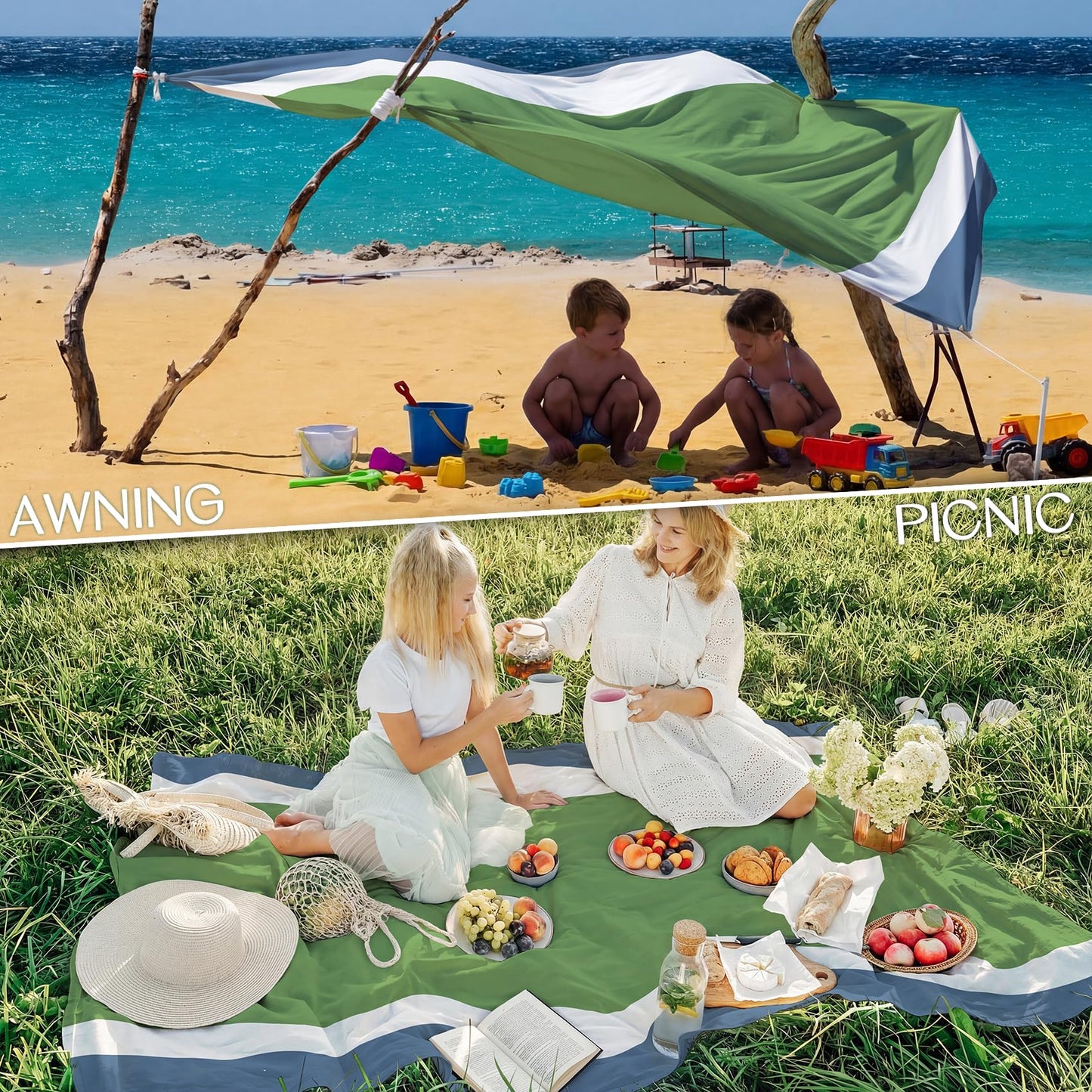 BYDOLL Beach Blanket Waterproof Sandproof Large Sand Free,78''X81''/10'X9' Oversized Sandless Lightweight Blanket Picnic Mat for Beach Travel Camping Hiking with Stakes