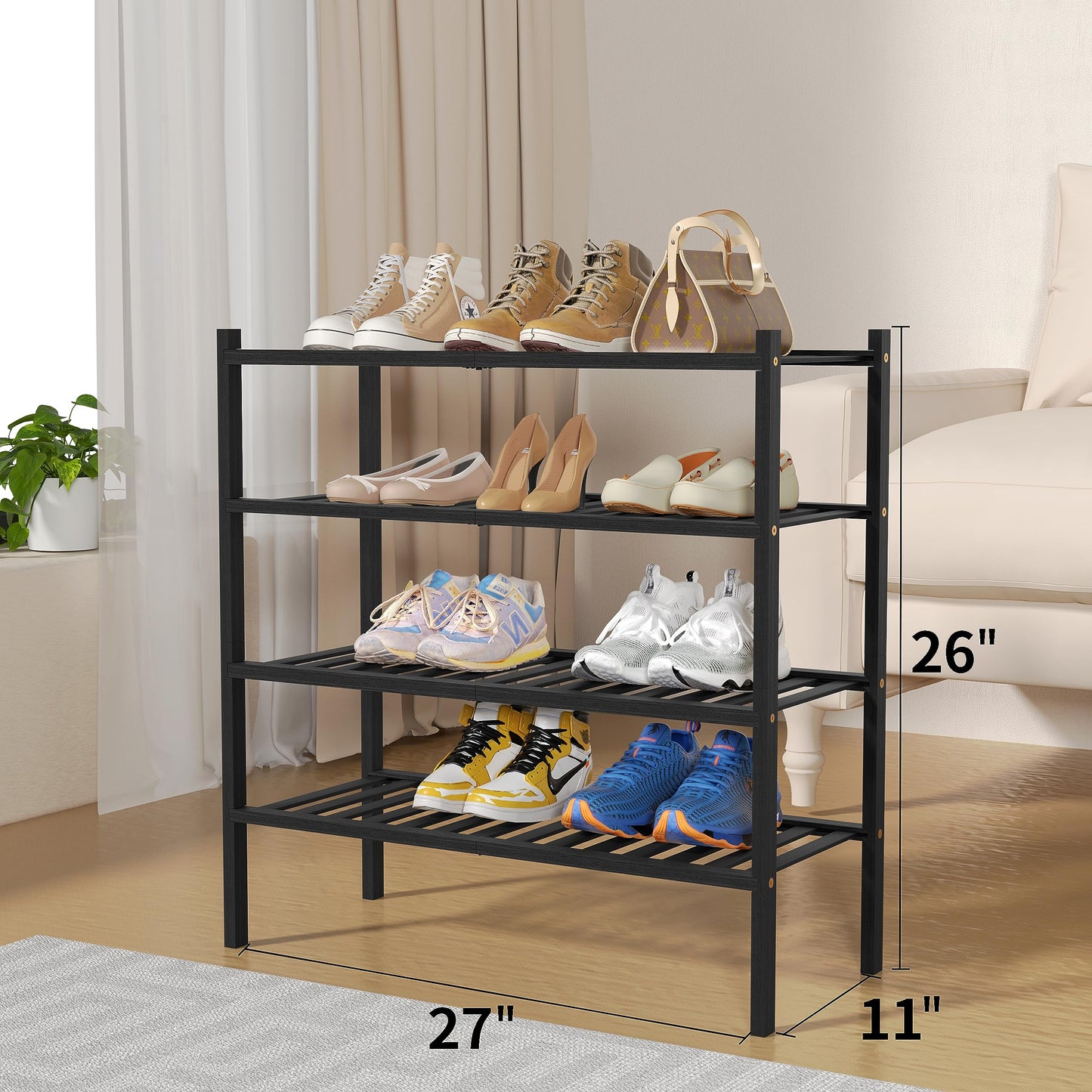 ROMGUAR CRAFT 3 Tier Bamboo Shoe Rack for Closet Free Standing Wood Shoe Shelf Storage Organizer for Entryway Small Space Stackable 27"x11"x20" (Natural)