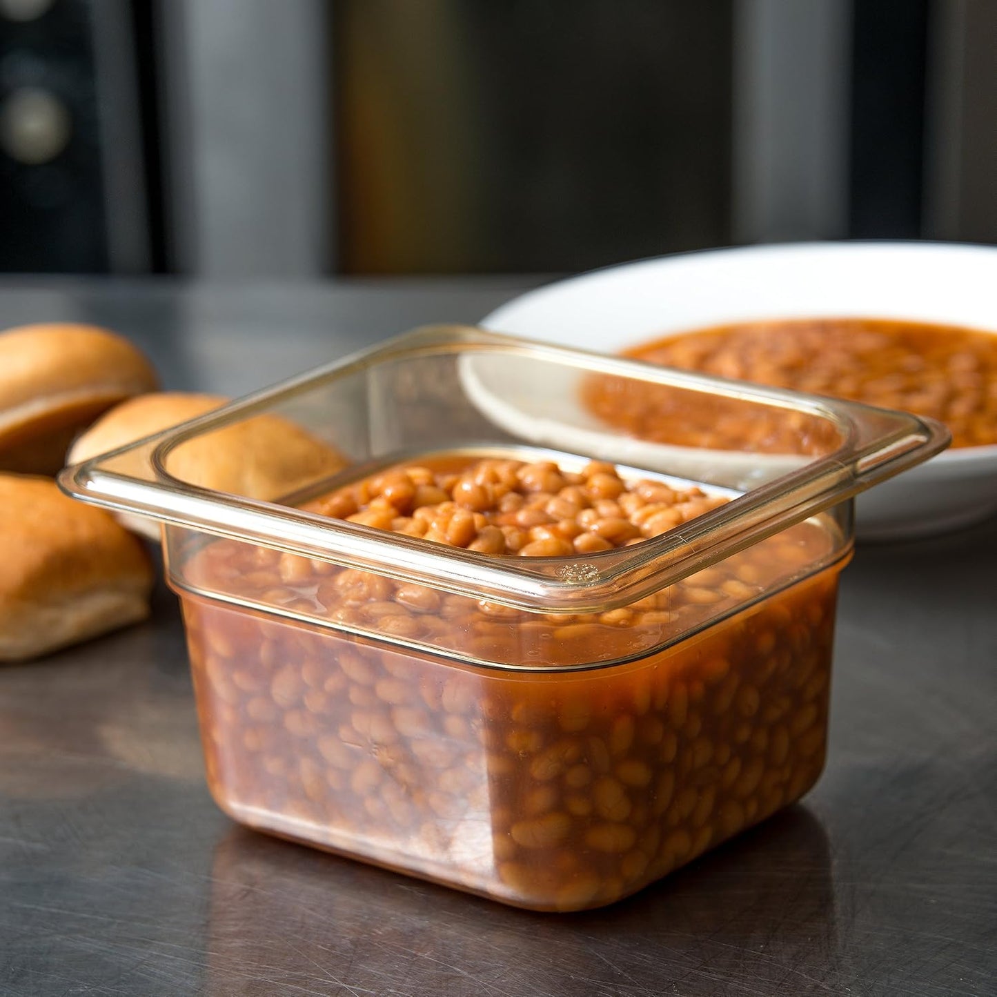 Carlisle FoodService Products StorPlus High-Heat 1/6-Size Food Pan, 4 Deep Food Storage Container with 1.7 Quart Capacity, High Heat Plastic, 1/6 Size, Amber, (Pack of 6)