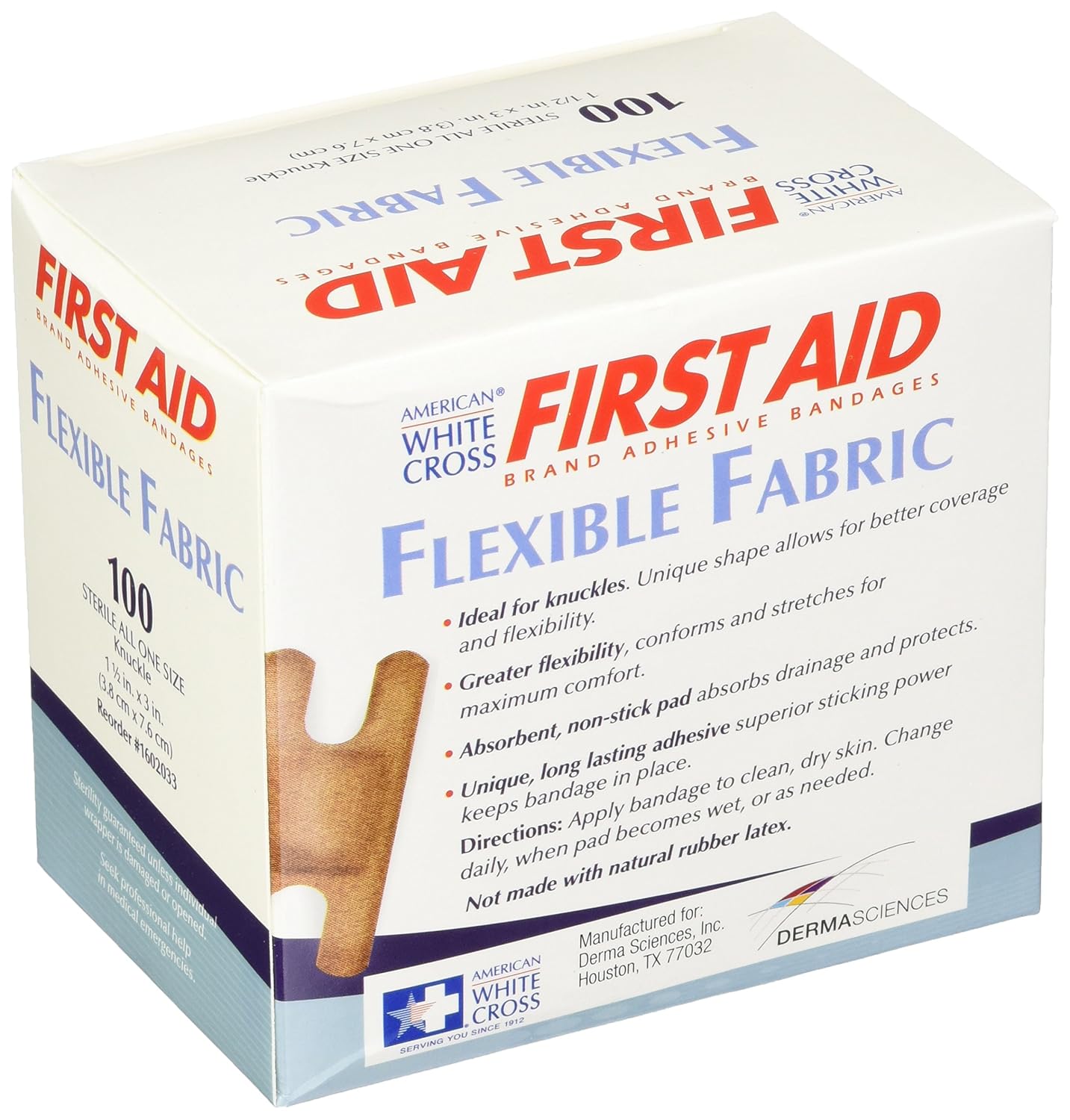 American White Cross 1602033 Fabric Adhesive Strips, Sterile, Lightweight, 1-1/2" Width, 3" Knuckle, Pack of 1200