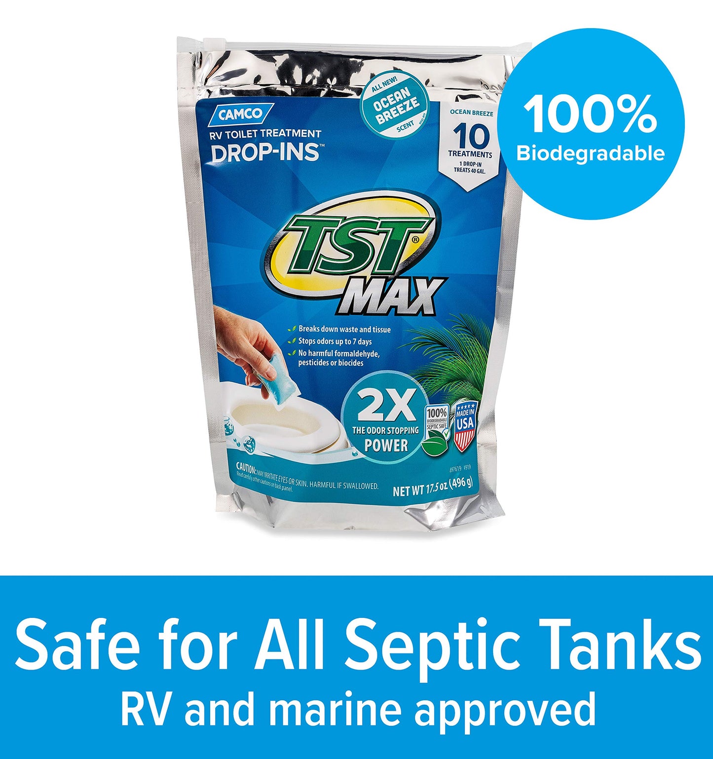 Camco TST MAX RV Toilet Treatment Drop-INs - Control Unwanted Odors & Break Down Waste and Tissue - Safe Septic Tank Treatment - Orange Scent, 30-Pack (41183)