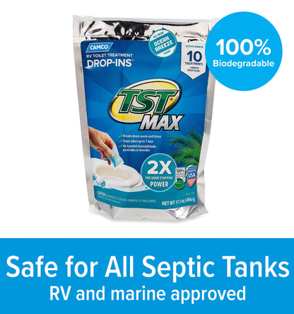 Camco TST MAX RV Toilet Treatment Drop-INs - Control Unwanted Odors & Break Down Waste and Tissue - Safe Septic Tank Treatment - Orange Scent, 30-Pack (41183)