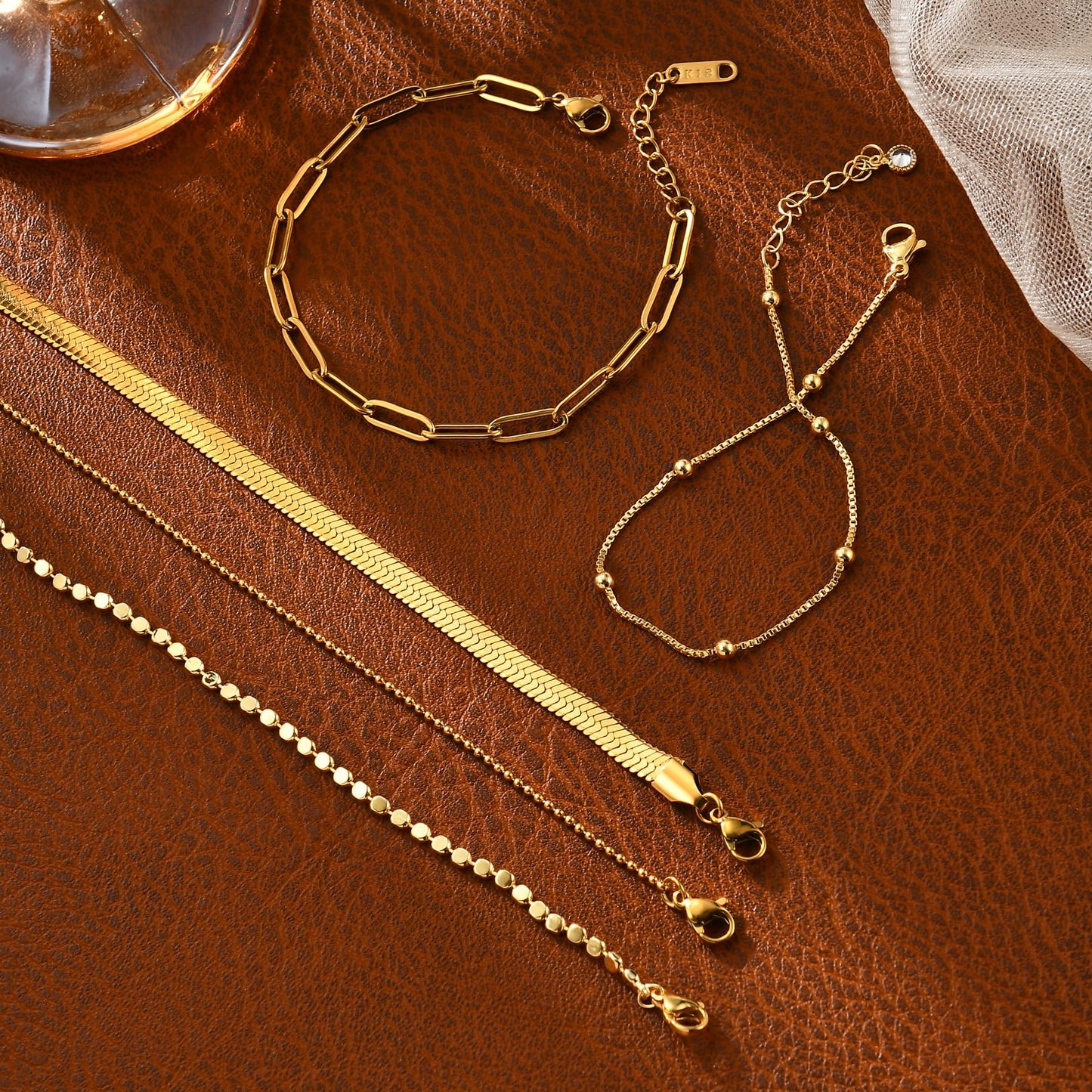 Gold Bracelets for Women, 14K Gold Plated Stackable Bracelet Stack Set Adjustable Charm Paperclip Chain Snake Link Layered Waterproof Jewelry Sets Gifts