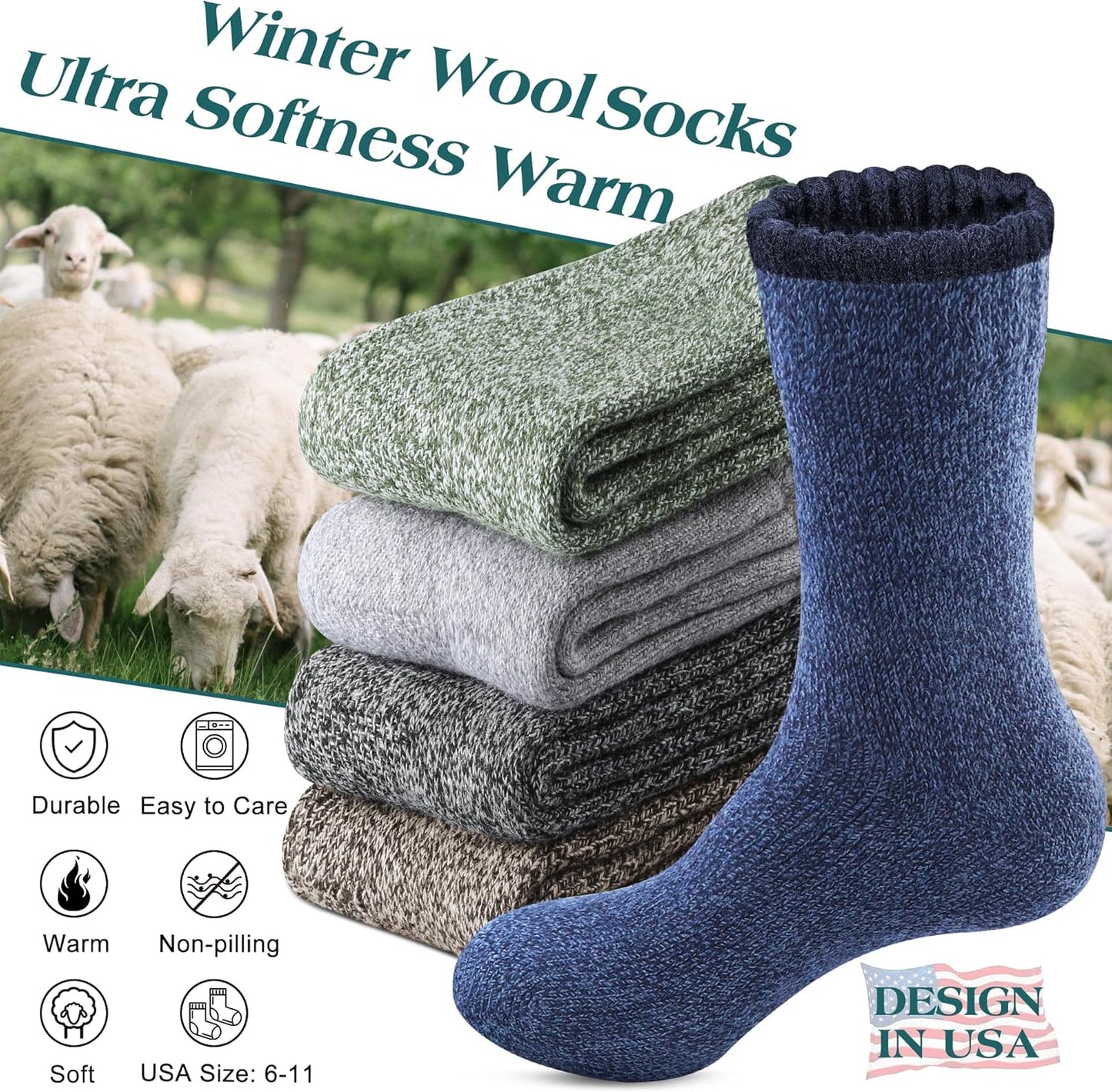 5er-Pack Herren-Merinowollsocken für den Winter Warme Thermosocken Dicke Wandersocken für Camping Kuschelige Socken für Männer