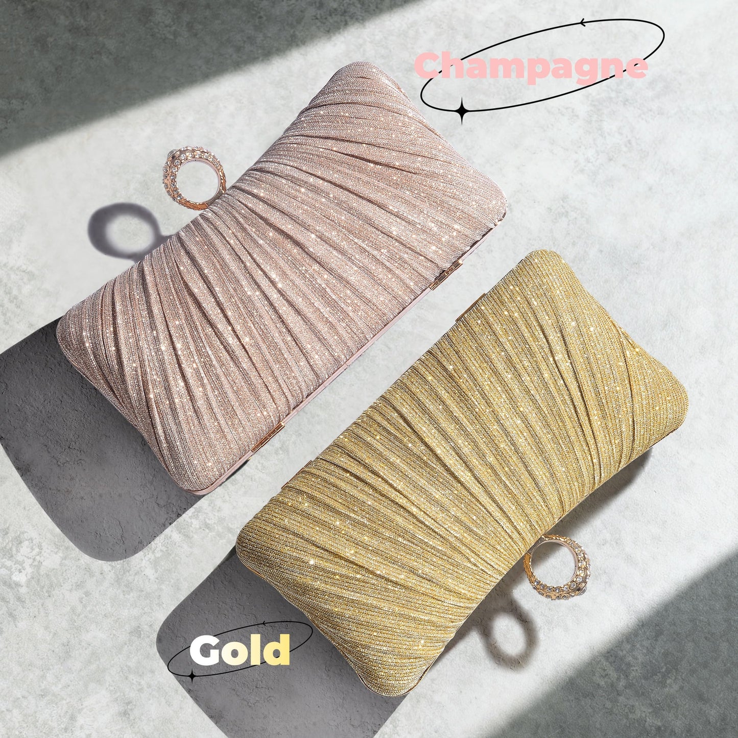 Damen Gold Glitzer Clutch Handtasche Plissierte Abendtasche für Braut Hochzeit Party mit Strassring