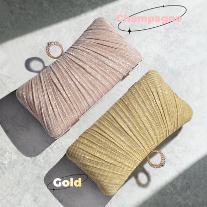 Damen Gold Glitzer Clutch Handtasche Plissierte Abendtasche für Braut Hochzeit Party mit Strassring