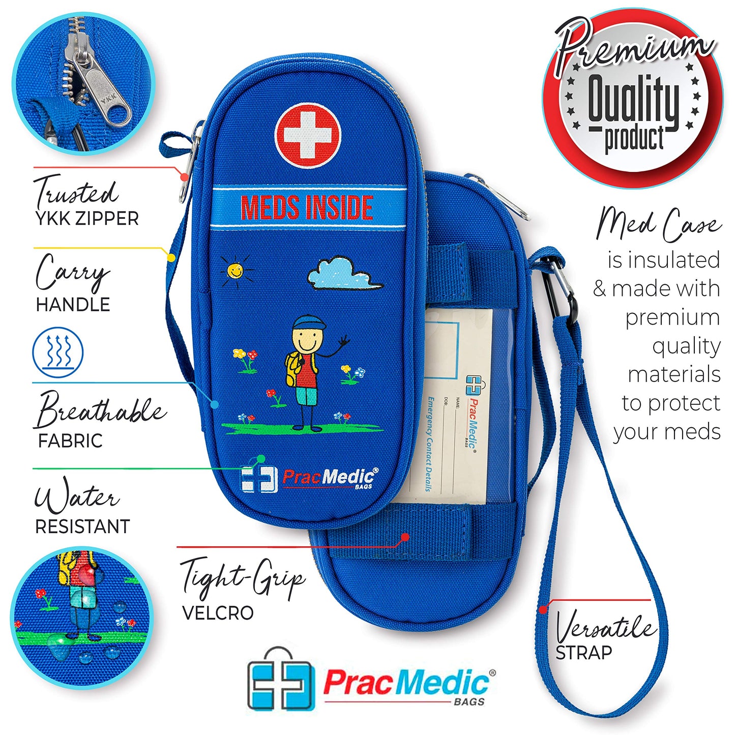 PracMedic Bags Epipen Case - Epi pens Carrying Case- Medical Case for Kids - Insulated to hold Inhaler, Epi Pen, Auvi Q, Epinephrine, Allergies Medication - Medicine Bag for Traveling (Blue)