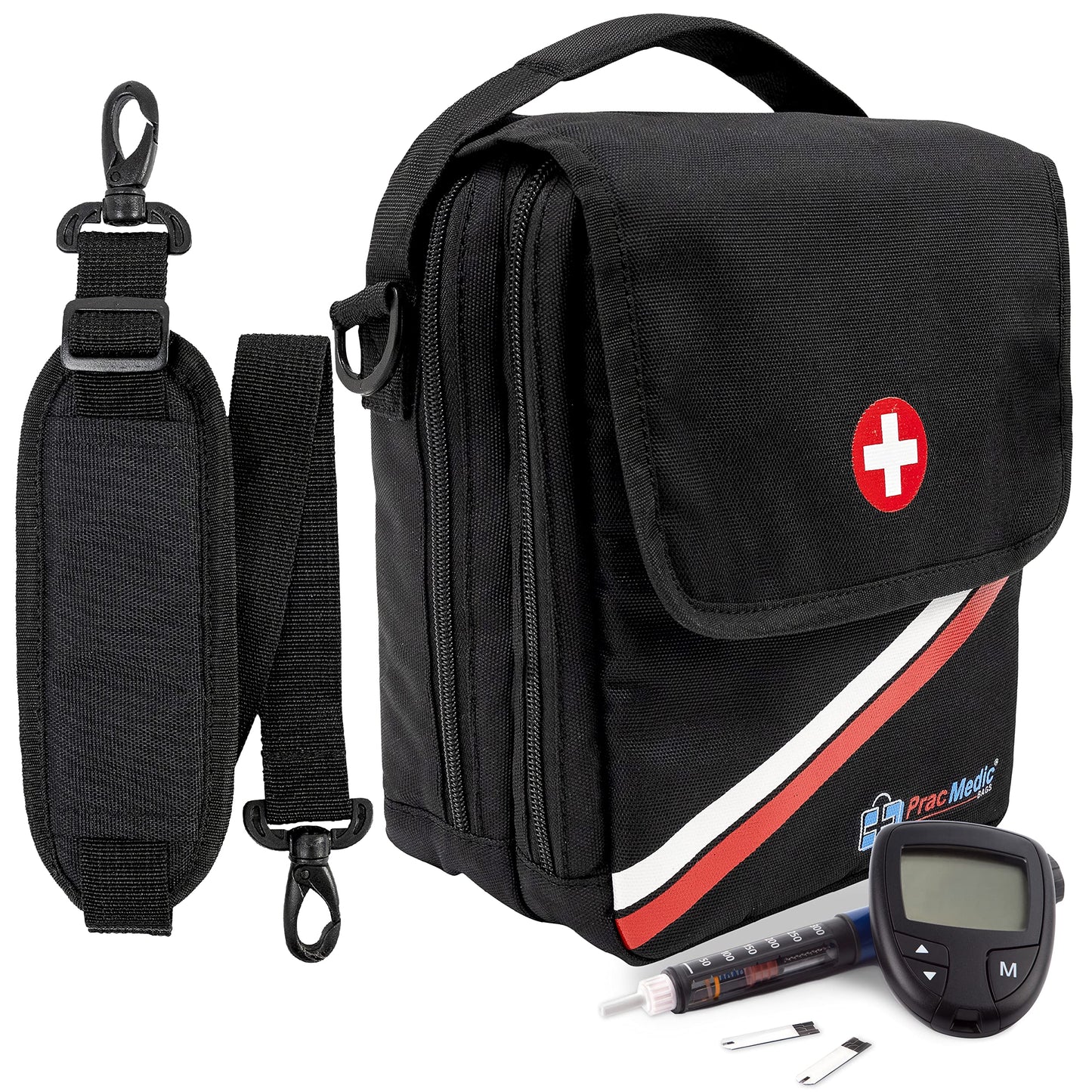 PracMedic Bags Travel Medicine Bag- First Aid Bags Empty or Epipen Carry Case for Insulin Pens, Pill Bottles, Diabetic Supply, Asthma Inhaler Spacer, Allergy Meds or First Aid Supplies (Red)