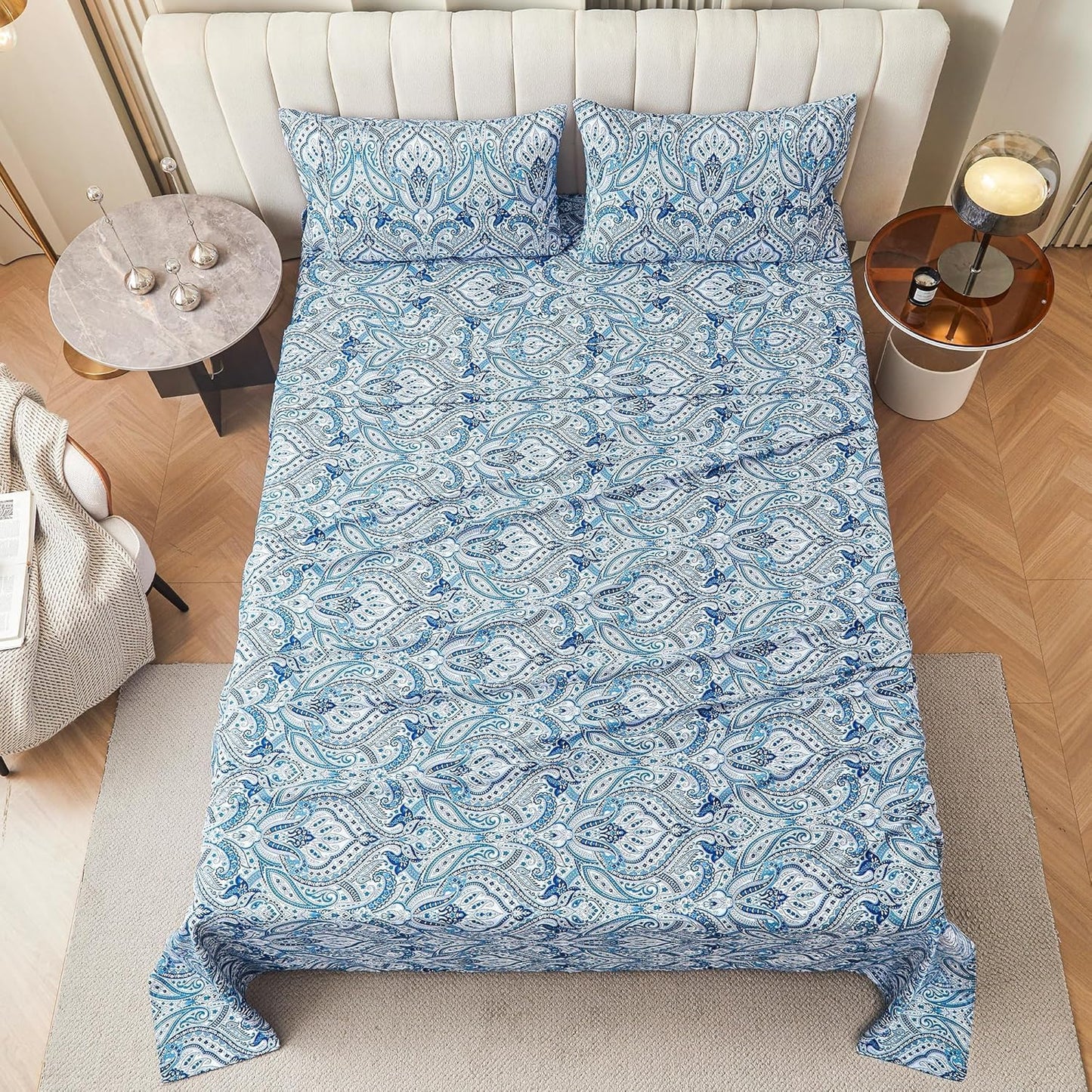 Blue Paisley Printed Bed Sheets Queen Size - A Comforting Floral Retreat