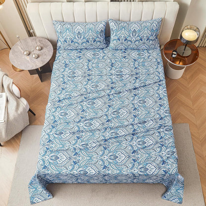 Blue Paisley Printed Bed Sheets Queen Size - A Comforting Floral Retreat