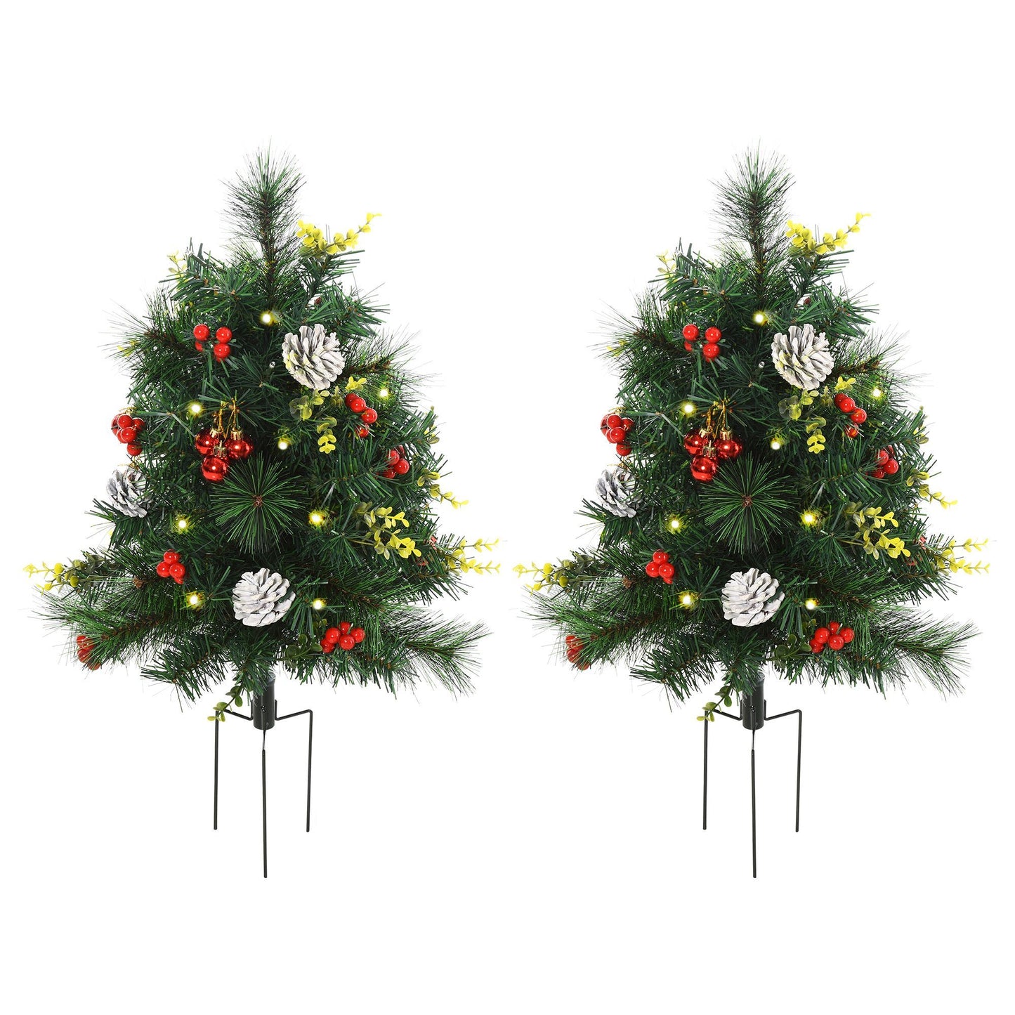 2.5ft 2 Pieces Prelit Artificial Christmas Tree With LED Light Mini Xmas Tree With Small Berry Pine Needles Pinecones Decorations For Garden