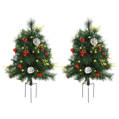 2.5ft 2 Pieces Prelit Artificial Christmas Tree With LED Light Mini Xmas Tree With Small Berry Pine Needles Pinecones Decorations For Garden
